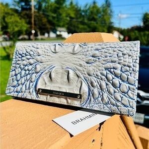 Brahmin Melbourne Croc Embossed Leather Wallet Blue Gray Snap Closure NWT